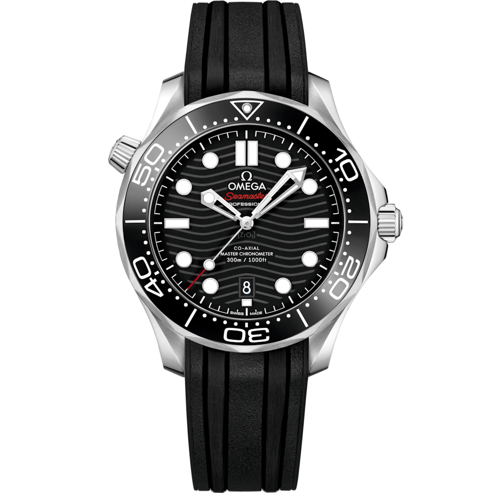 Quadrante verde lucido in ceramica con motivo a onde inciso al laser e indici luminosi dell’Omega Seamaster Diver 300M 42 mm modello 210.32.42.20.10.001.