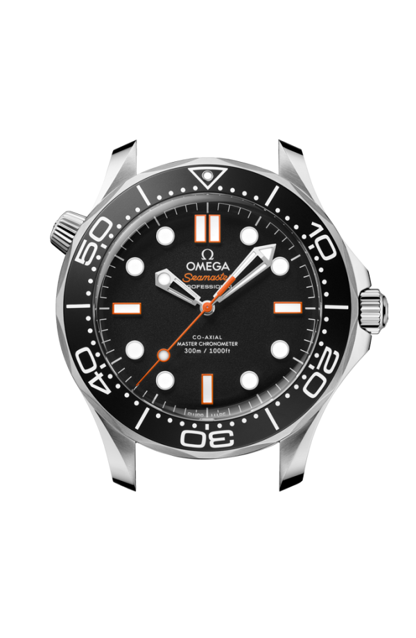 Lunetta girevole unidirezionale in ceramica nera con scala graduata bianca e profilo laterale della cassa in acciaio inox da 42 mm.