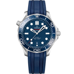 Load image into Gallery viewer, Quadrante blu lucido in ceramica con motivo a onde inciso al laser e indici luminosi dell’Omega Seamaster Diver 300M 42 mm modello 210.32.42.20.03.001.
