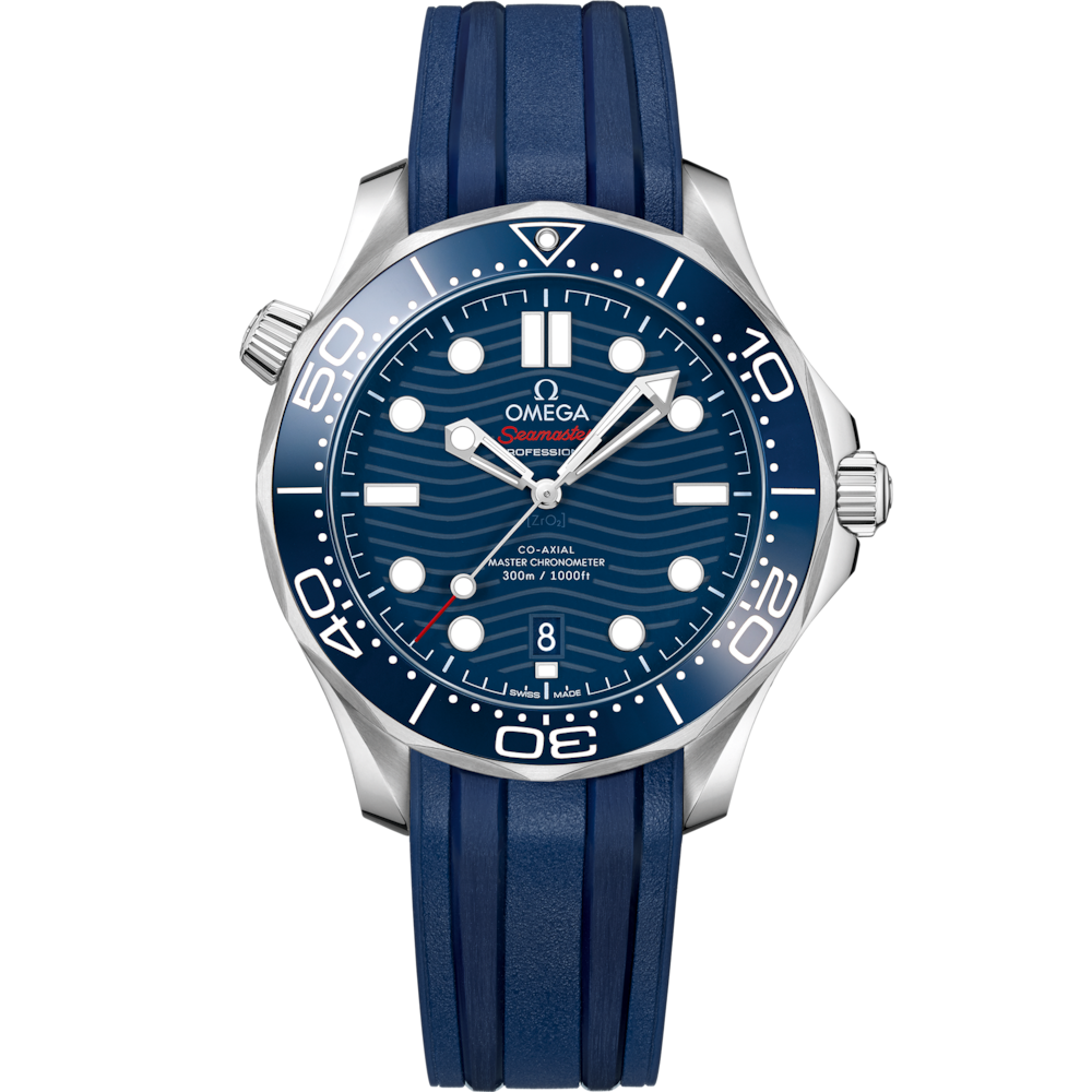 Quadrante blu lucido in ceramica con motivo a onde inciso al laser e indici luminosi dell’Omega Seamaster Diver 300M 42 mm modello 210.32.42.20.03.001.