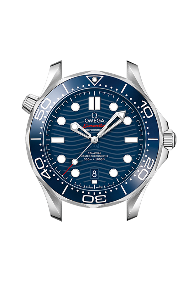 Lunetta girevole unidirezionale in ceramica blu con scala smaltata bianca e profilo laterale della cassa in acciaio inox da 42 mm.