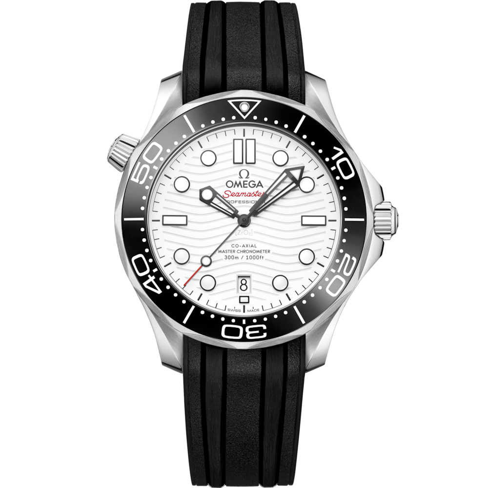 Quadrante bianco lucido in ceramica con motivo a onde inciso al laser e scritta Seamaster rossa dell’Omega Seamaster Diver 300M 42 mm modello 210.32.42.20.04.001.