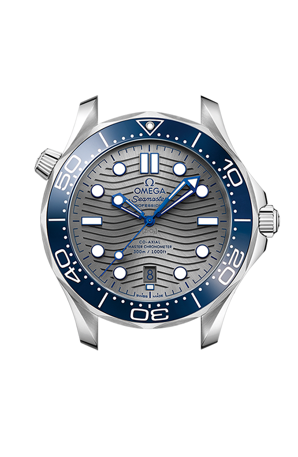 Cassa in acciaio inox da 42 mm con lunetta girevole unidirezionale in ceramica blu con scala graduata in smalto bianco
