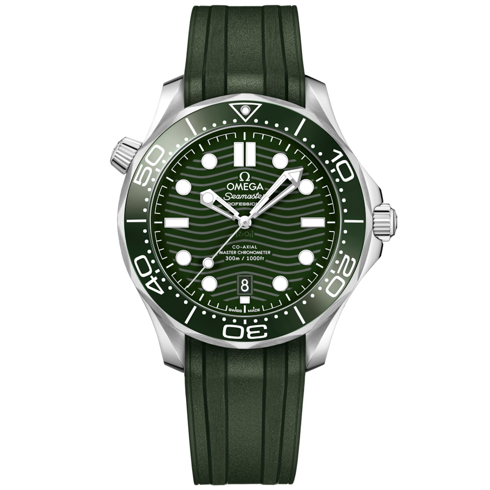 Quadrante verde lucido in ceramica inciso al laser con motivo a onde del Omega Seamaster Diver 300M 42 mm, indici rodiati e lancette scheletrate riempite di Super-LumiNova bianca, datario a ore 6