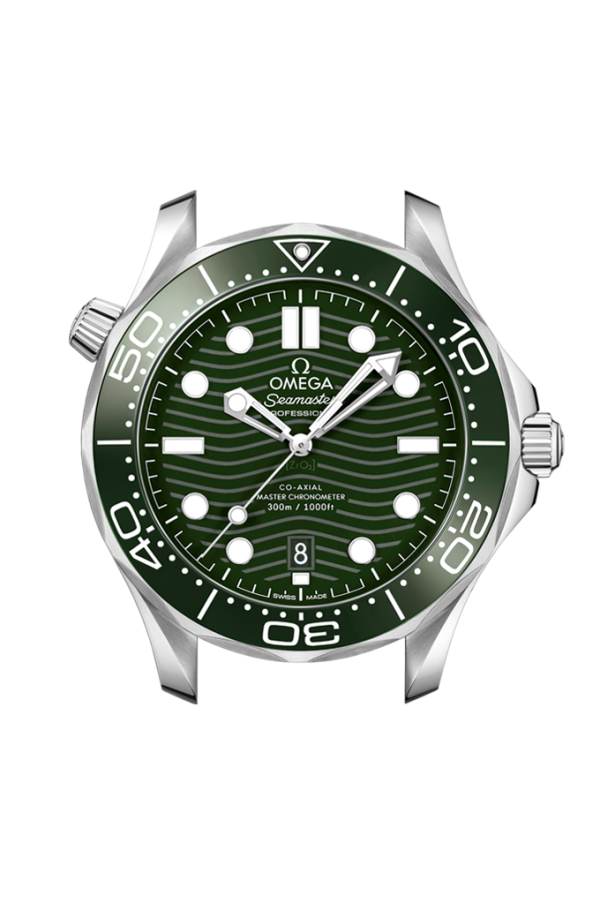 Cassa in acciaio inossidabile da 42 mm con lunetta girevole unidirezionale in ceramica verde con scala graduata in smalto bianco e cinturino in caucciù verde con fibbia ad ardiglione