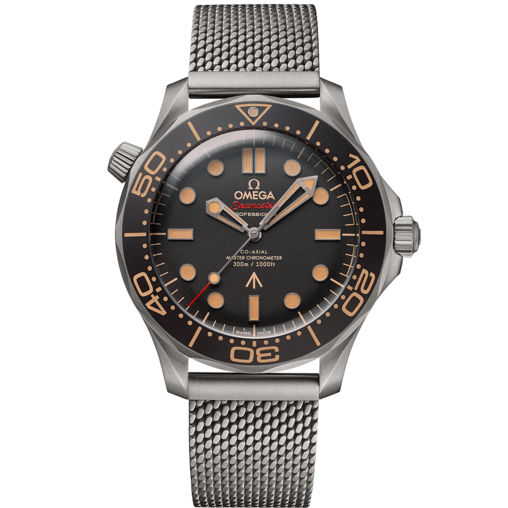 Quadrante marrone tropicale in alluminio con indice luminescenti e lancette rodiate con rivestimento Super-LumiNova del Seamaster Diver 300M 007 Edition