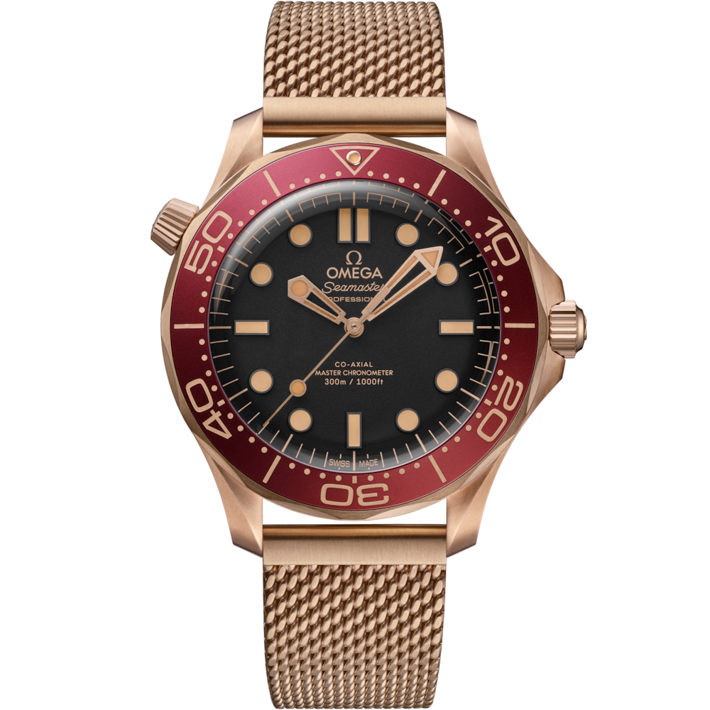 Quadrante verde anodizzato sabbiato in alluminio con lancette e indici in Bronze Gold 18K e dettagli rossi dell’Omega Seamaster Diver 300M 42 mm modello 210.92.42.20.01.003.