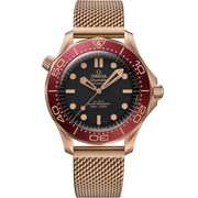 Quadrante verde anodizzato sabbiato in alluminio con lancette e indici in Bronze Gold 18K e dettagli rossi dell’Omega Seamaster Diver 300M 42 mm modello 210.92.42.20.01.003.