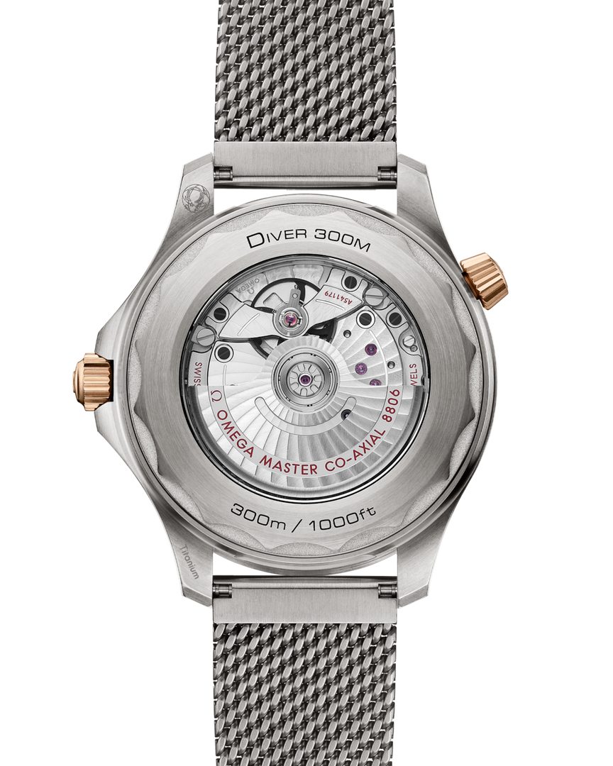 Cinturino in caucciù marrone integrato con fibbia déployante in titanio spazzolato dell’Omega Seamaster Diver 300M 42 mm.