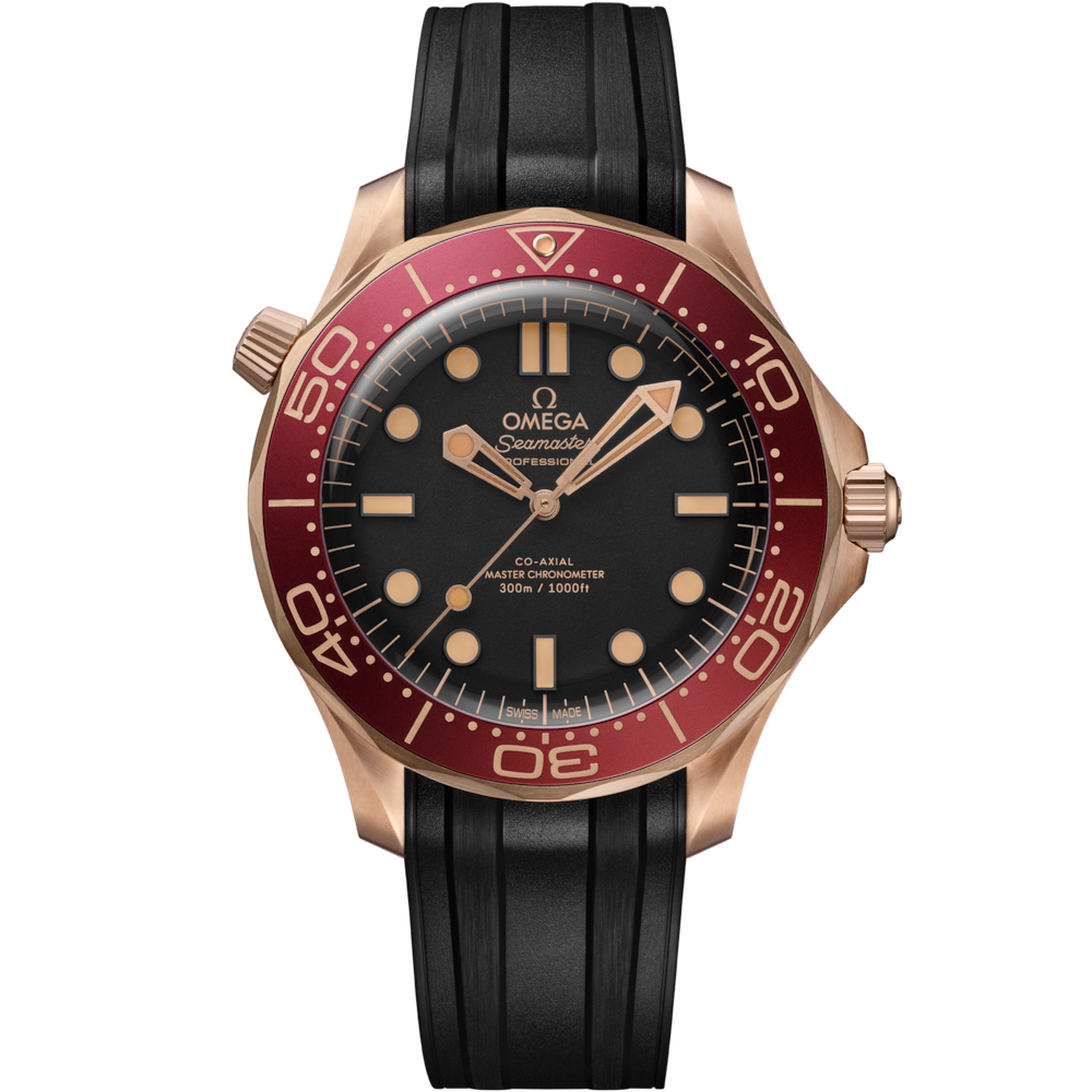 Quadrante verde anodizzato sabbiato in alluminio con lancette e indici in Bronze Gold 18K e dettagli rossi dell’Omega Seamaster Diver 300M 42 mm modello 210.92.42.20.01.003.