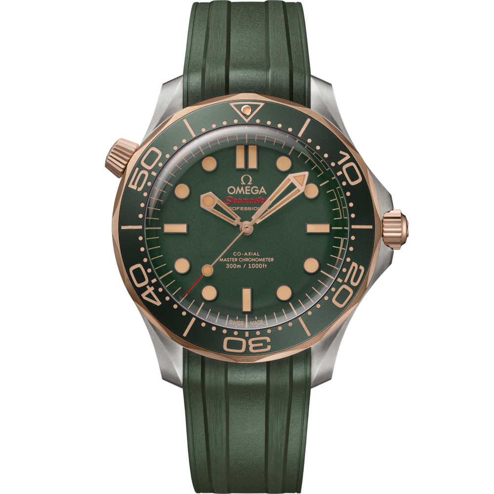 Quadrante verde anodizzato sabbiato con lancette e indici in Bronze Gold 18K e dettagli rossi dell’Omega Seamaster Diver 300M 42 mm modello 210.92.42.20.10.001.