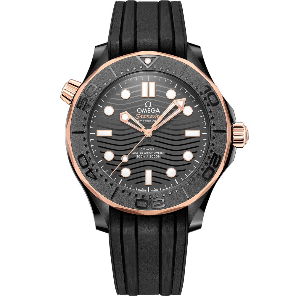 Quadrante in ceramica nera con motivo a onde inciso al laser e indici in oro Sedna™ con Super-LumiNova bianca dell’Omega Seamaster Diver 300M 43,5 mm