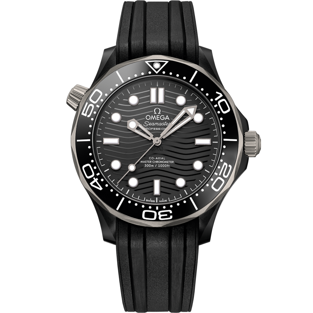 Quadrante nero in ceramica con motivo a onde inciso al laser e indici luminosi rodiati dell’Omega Seamaster Diver 300M 43,5 mm modello 210.92.44.20.01.001.