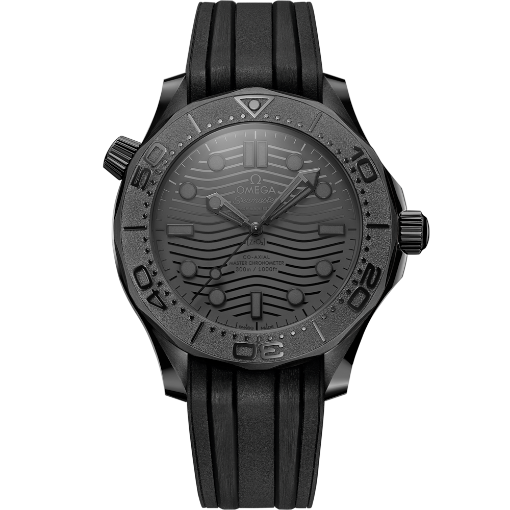 Quadrante nero in ceramica con motivo a onde inciso al laser, lancette e indici luminescenti rodiati dell’Omega Seamaster Diver 300M 43,5 mm modello 210.92.44.20.01.003.