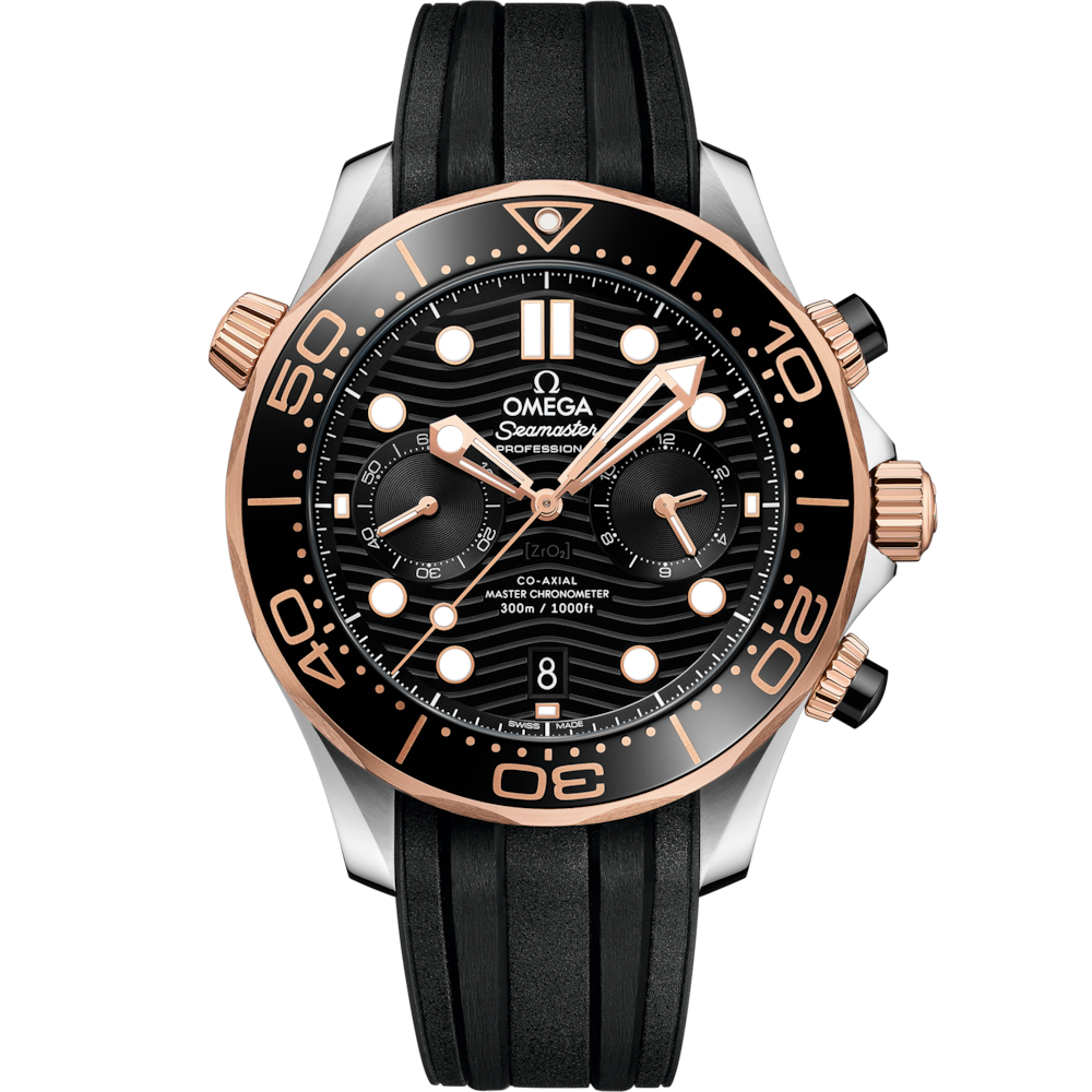 Quadrante nero con motivo a onde inciso al laser e indici luminosi dell’Omega Seamaster Diver 300M Chronograph 44 mm modello 210.22.44.51.01.001.