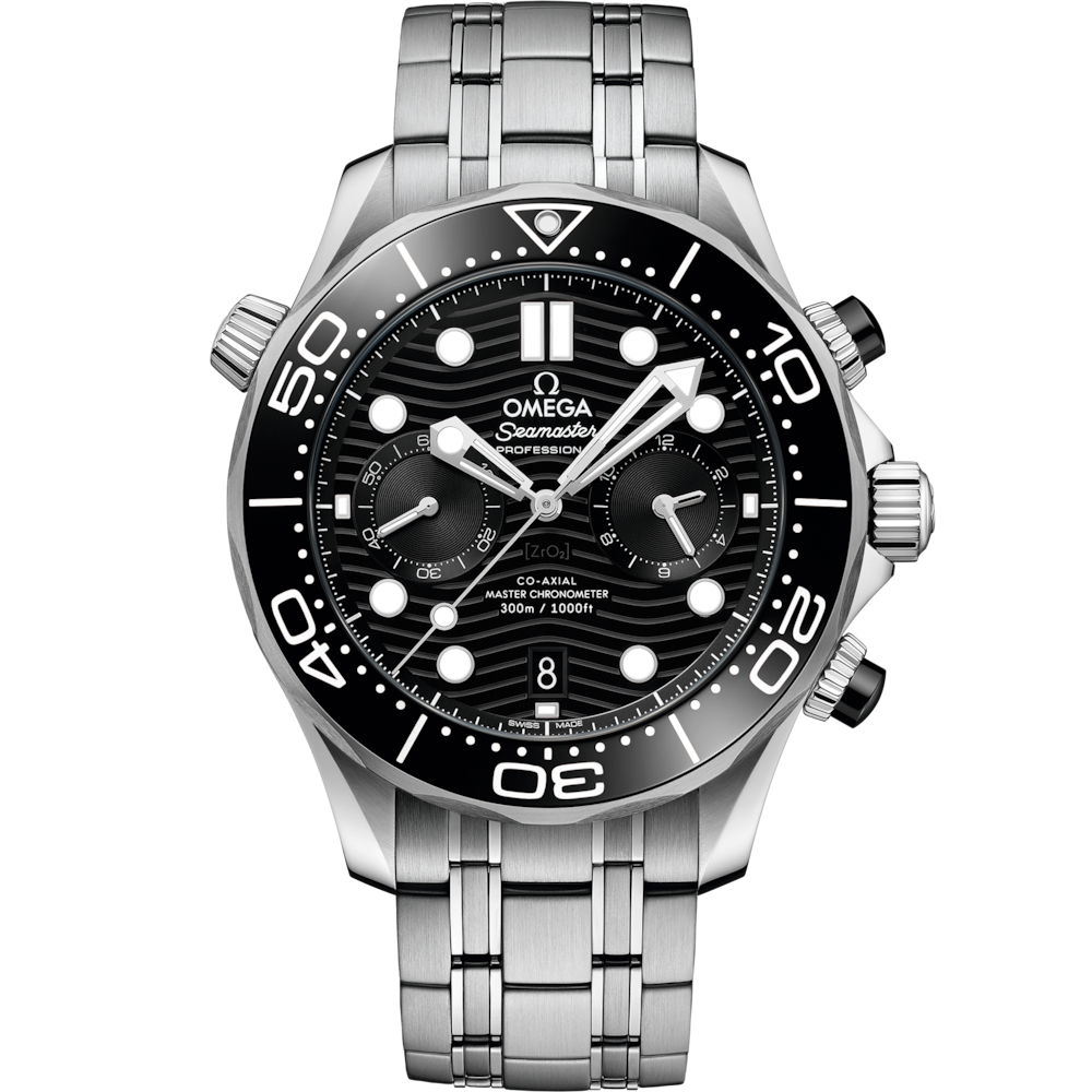 Quadrante nero opaco in ceramica con motivo a onde inciso al laser, indici e lancette luminescenti dell’Omega Seamaster Diver 300M Chronograph 44 mm modello 210.30.44.51.01.001.
