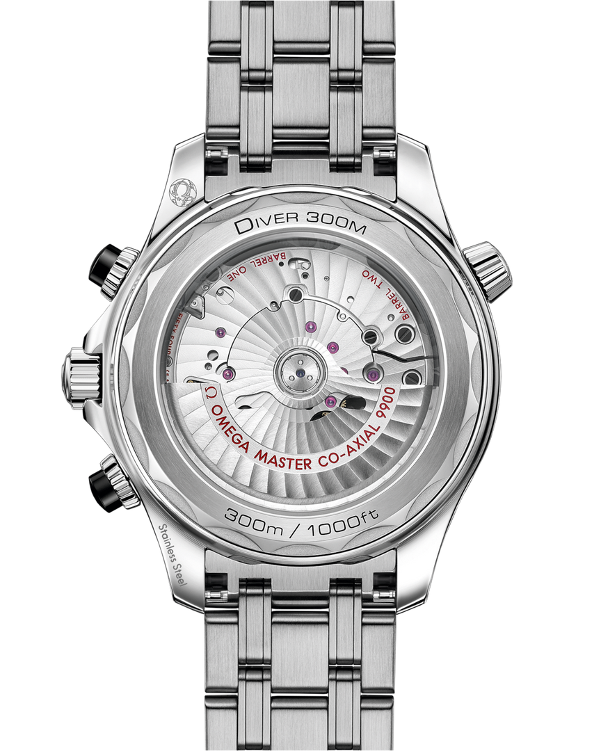 Cinturino con chiusura déployante in acciaio dell’Omega Seamaster Diver 300M Chronograph 44 mm.