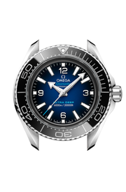 Lunetta unidirezionale in ceramica nera lucida con scala graduata Liquidmetal™ e profilo laterale della cassa in acciaio O-MEGASTEEL da 45,5 mm.