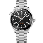 Load image into Gallery viewer, Quadrante nero con motivo a onde inciso al laser e datario a ore 3 dell’Omega Seamaster Planet Ocean 600M 39,5 mm modello 215.30.40.20.01.001, con indici e lancette luminescenti.
