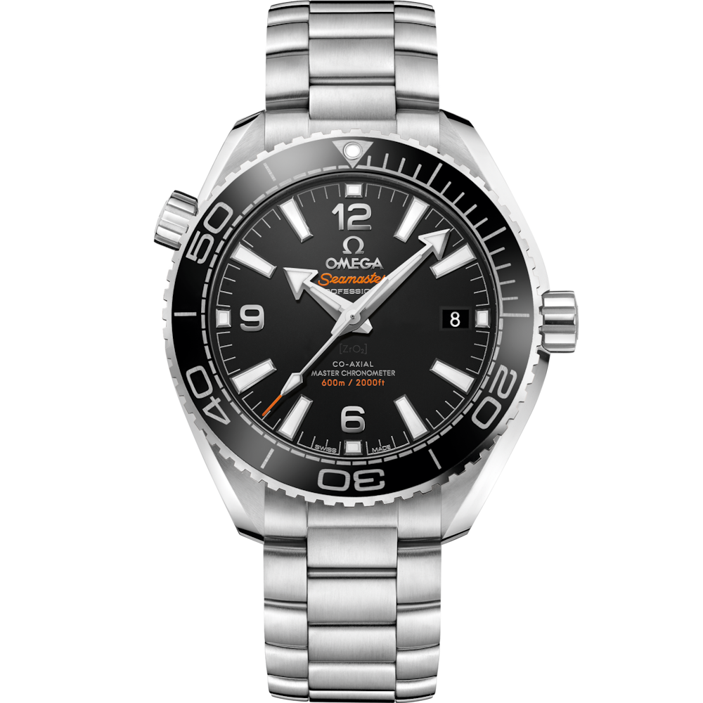 Quadrante nero con motivo a onde inciso al laser e datario a ore 3 dell’Omega Seamaster Planet Ocean 600M 39,5 mm modello 215.30.40.20.01.001, con indici e lancette luminescenti.