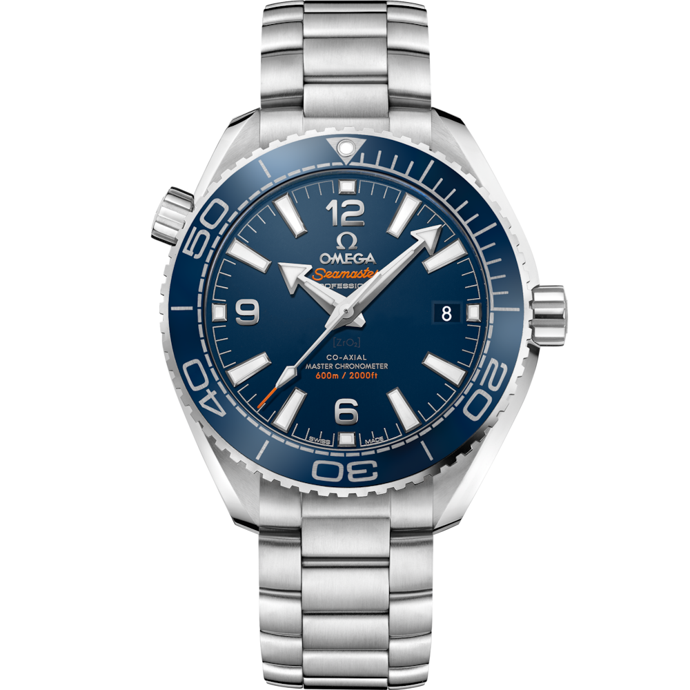 Quadrante nero con motivo a onde inciso al laser e numeri arabi luminescenti dell’Omega Seamaster Planet Ocean 600M 39,5 mm modello 215.30.40.20.03.001.