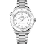 Load image into Gallery viewer, Quadrante bianco lucido in ceramica con numeri arabi luminescenti e datario a ore 3 dell’Omega Seamaster Planet Ocean 600M 39,5 mm modello 215.30.40.20.04.001.
