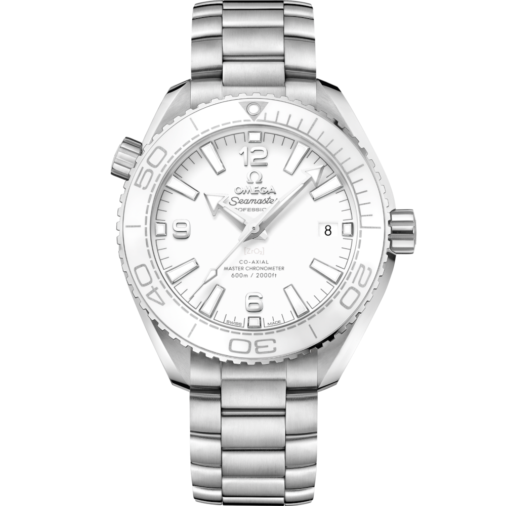 Quadrante bianco lucido in ceramica con numeri arabi luminescenti e datario a ore 3 dell’Omega Seamaster Planet Ocean 600M 39,5 mm modello 215.30.40.20.04.001.