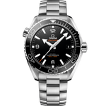 Load image into Gallery viewer, Quadrante nero con motivo a onde inciso al laser, numeri arabi luminescenti e datario a ore 3 dell’Omega Seamaster Planet Ocean 600M 43,5 mm modello 215.30.44.21.01.001.
