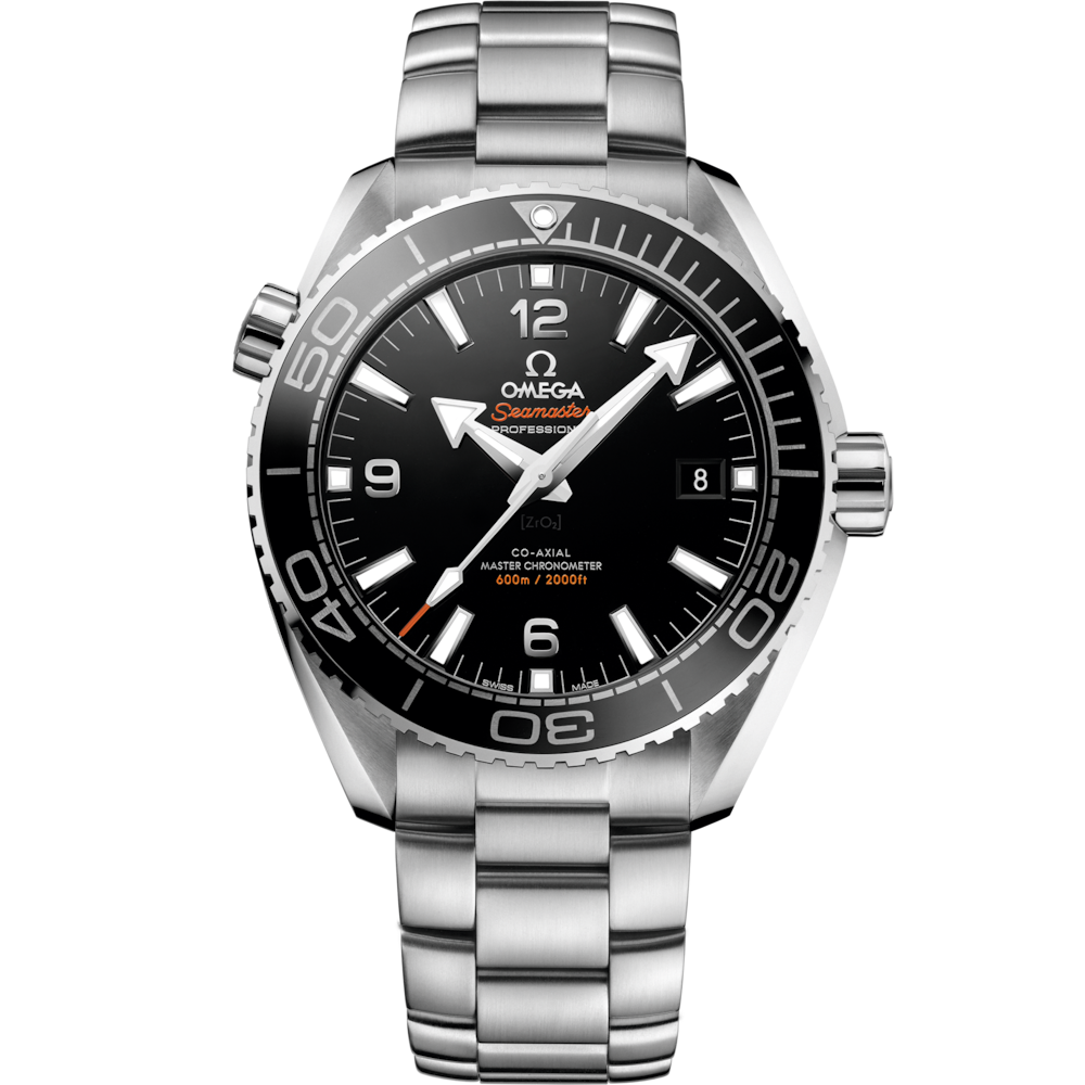 Quadrante nero con motivo a onde inciso al laser, numeri arabi luminescenti e datario a ore 3 dell’Omega Seamaster Planet Ocean 600M 43,5 mm modello 215.30.44.21.01.001.