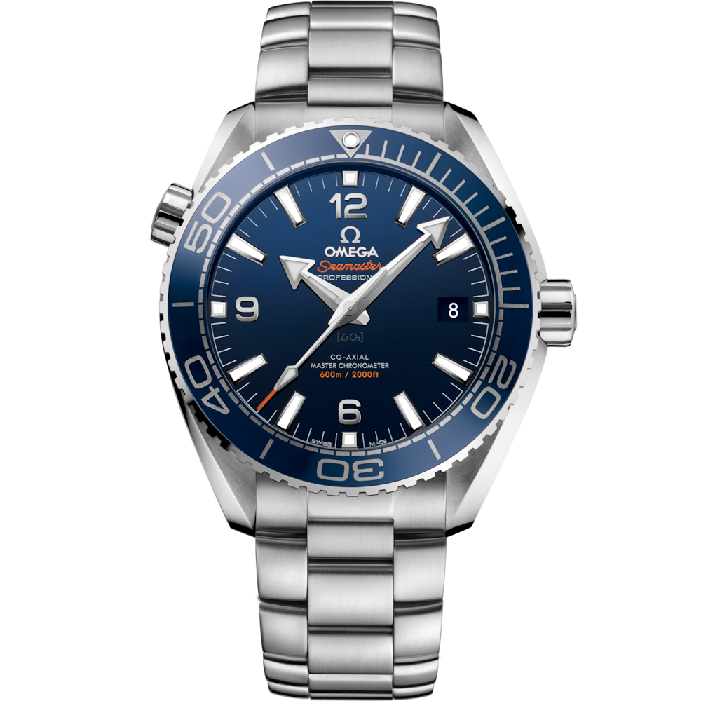 Quadrante blu in ceramica con numeri arabi luminescenti e datario a ore 3 dell’Omega Seamaster Planet Ocean 600M 43,5 mm modello 215.30.44.21.03.001.