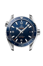 Load image into Gallery viewer, Lunetta girevole unidirezionale in ceramica blu lucida con scala graduata Omega Liquidmetal™ e profilo laterale della cassa in acciaio inox da 43,5 mm.
