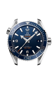 Lunetta girevole unidirezionale in ceramica blu lucida con scala graduata Omega Liquidmetal™ e profilo laterale della cassa in acciaio inox da 43,5 mm.