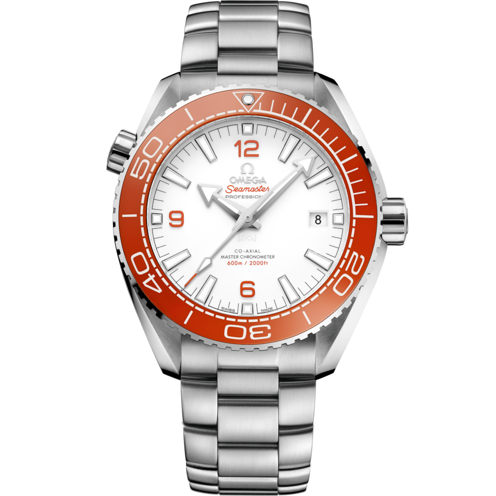 Quadrante bianco con motivo a onde inciso al laser, indici e lancette luminescenti e datario a ore 3 dell’Omega Seamaster Planet Ocean 600M 43,5 mm modello 215.30.44.21.04.001.