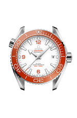 Load image into Gallery viewer, Lunetta girevole unidirezionale in ceramica arancione lucida con scala graduata Liquidmetal™ e profilo laterale della cassa in acciaio inox da 43,5 mm.
