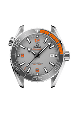 Load image into Gallery viewer, Lunetta girevole unidirezionale in ceramica grigia siliconica con inserto in gomma arancione e scala graduata Liquidmetal™ dell’orologio Omega Seamaster Planet Ocean 600M 43,5 mm.
