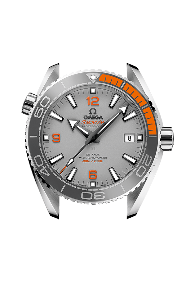 Lunetta girevole unidirezionale in ceramica grigia siliconica con inserto in gomma arancione e scala graduata Liquidmetal™ dell’orologio Omega Seamaster Planet Ocean 600M 43,5 mm.