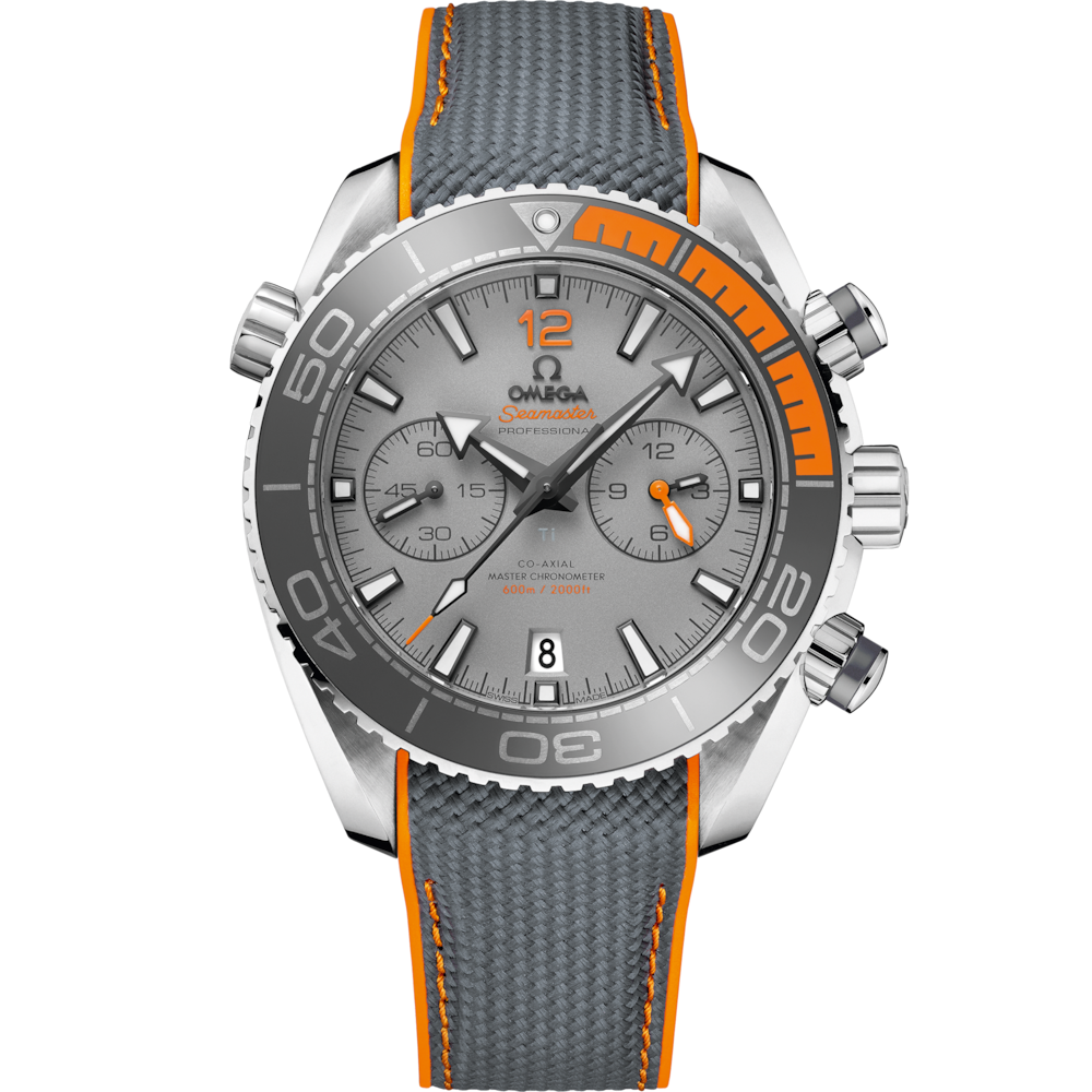 Quadrante grigio sabbiato con contatori cronografici e indici applicati dell’Omega Seamaster Planet Ocean 600M Chronograph 45,5 mm modello 215.92.46.51.99.001.