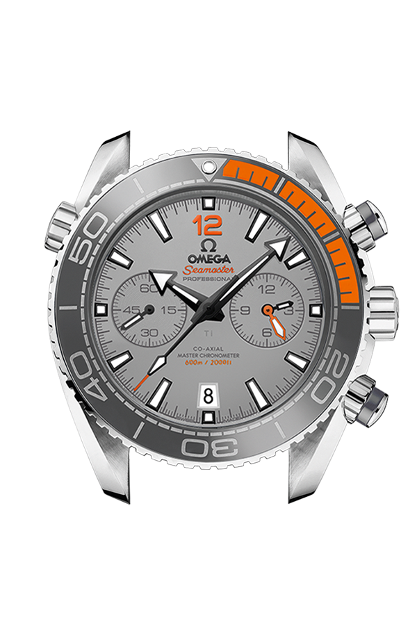 Lunetta girevole unidirezionale in ceramica grigia con inserto in caucciù nero e scala graduata Liquidmetal™ dell’orologio Omega Seamaster Planet Ocean 600M 45,5 mm.