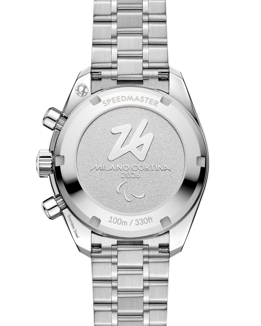 Omega Speedmaster 38 Milano Cortina 2026 Paraolimpiadi 522.30.38.50.04.002 - bracciale e cassa acciaio - quadrante bianco con sfumature azzurre - cronografo e datario - fondello