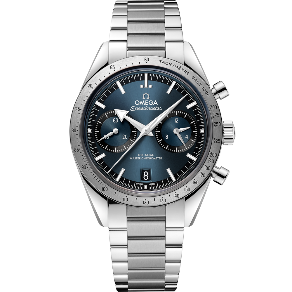 Quadrante bordeaux dell'Omega Speedmaster '57 con indici rodiati, lancette Broad Arrow con Super-LumiNova bianca, datario a ore 6 e contatori cronografici a ore 3 e 9