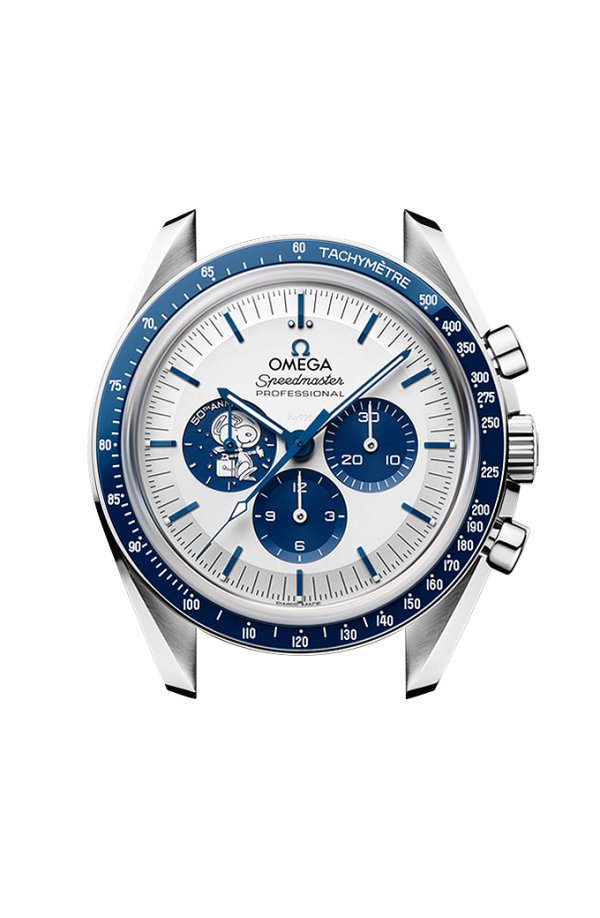 Cassa in acciaio inox da 42 mm con vetro zaffiro bombato e lunetta in ceramica blu con scala tachimetrica in smalto bianco e puntino sopra il 90