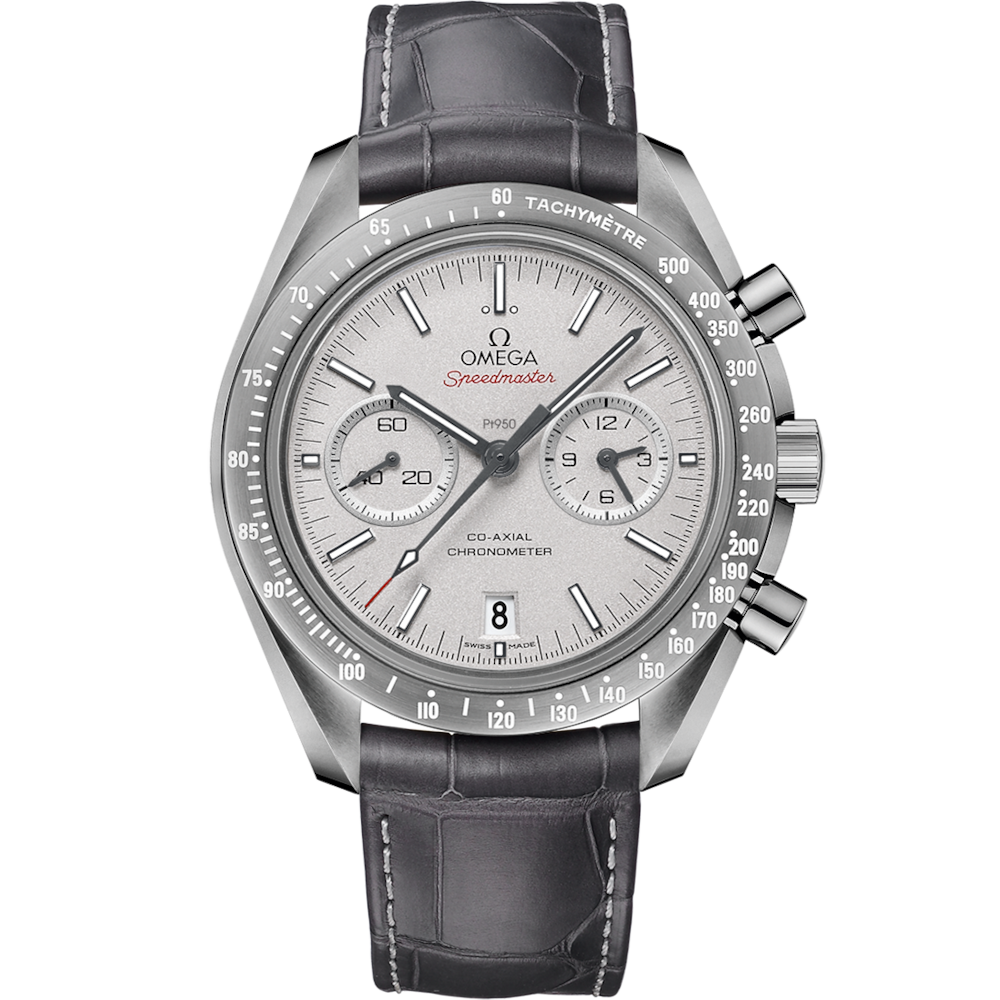 Quadrante grigio “Grey Side of the Moon” con indici applicati e lancette cronografiche dell’Omega Speedmaster Dark Side of the Moon 44,25 mm 311.93.44.51.99.002.