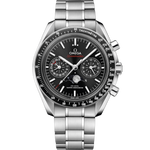 Load image into Gallery viewer, Quadrante blu spazzolato con indici rodiati e indicatore delle fasi lunari in cristallo metallico dell’Omega Speedmaster Moonphase 44,25 mm 304.33.44.52.03.001.
