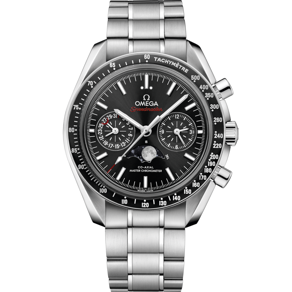 Quadrante blu spazzolato con indici rodiati e indicatore delle fasi lunari in cristallo metallico dell’Omega Speedmaster Moonphase 44,25 mm 304.33.44.52.03.001.