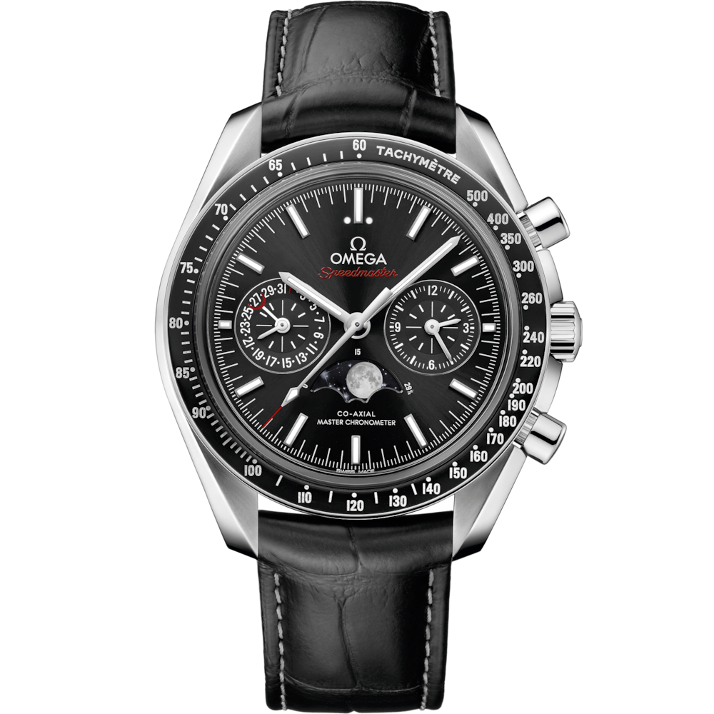 Quadrante nero spazzolato a raggi di sole con indicatore delle fasi lunari a ore 6, indici rodiati e lancette luminescenti dell’Omega Speedmaster Moonphase 44,25 mm