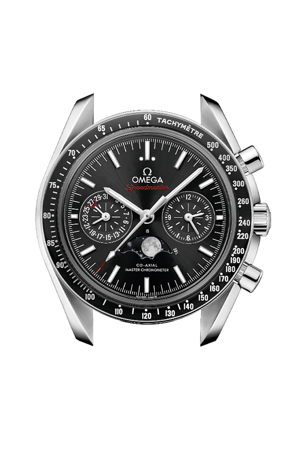 Cassa in acciaio inox da 44,25 mm con vetro zaffiro bombato e lunetta in ceramica blu con scala tachimetrica in Liquidmetal™ dell’Omega Speedmaster Moonphase