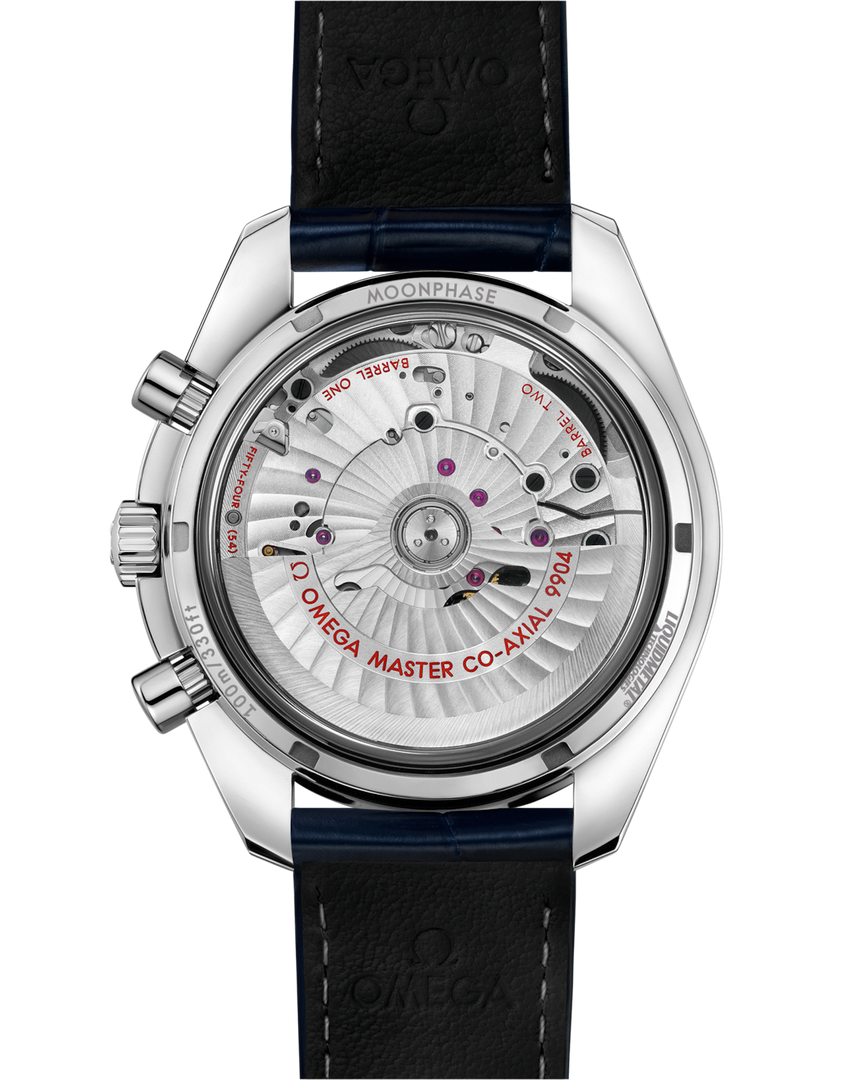 Cinturino blu in pelle di coccodrillo con fibbia deployante lucida-satinata dell’Omega Speedmaster Moonphase Co-Axial Master Chronometer