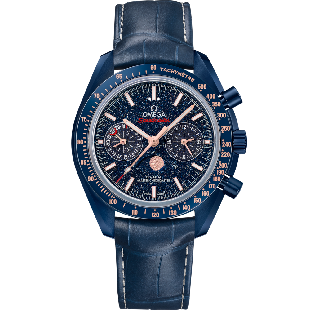 Quadrante blu avventurina con indici oro Sedna™ e disco fasi lunari dettagliato dell'Omega Speedmaster Moonphase “Blue Side of the Moon” 44,25 mm 304.93.44.52.03.002.