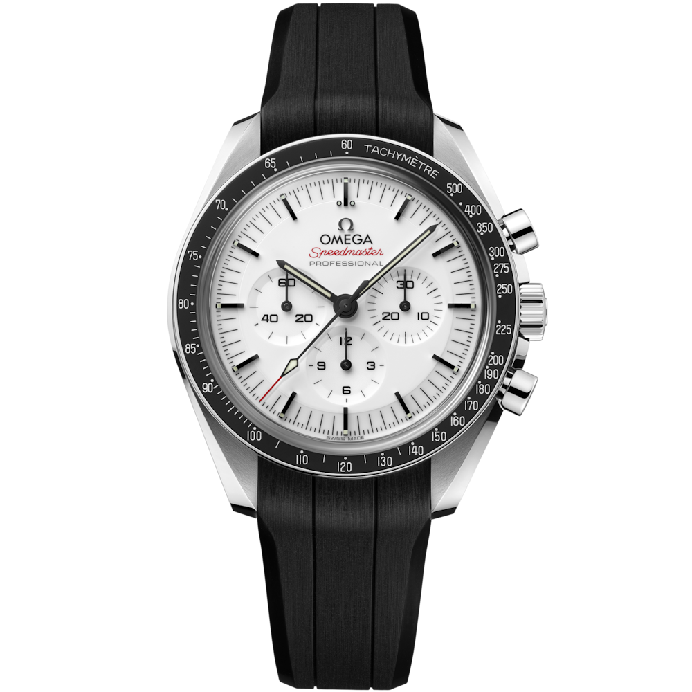Quadrante bianco con lancette stile “Moonwatch” e lunetta tachimetrica nera dell’Omega Speedmaster 310.32.42.50.04.001.