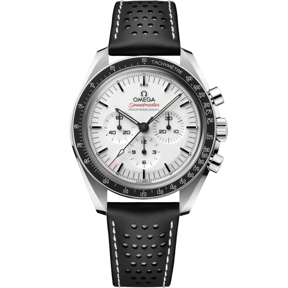 Quadrante bianco con contatori cronografici neri e lunetta tachimetrica dell’Omega Speedmaster Moonwatch Professional 310.32.42.50.04.002.